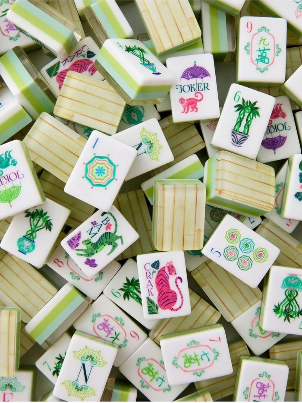 Palm Royal Green Mahjong Tiles Set - Bamboo Pink & Blue Accents